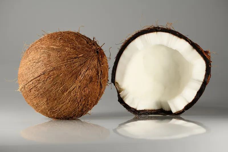A whole hairy brown coconut beside a cracked-open half showing thick white coconut flesh, on a reflective pale grey surface